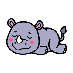 Cute Sleeping Rhinoceros Cartoon Vector Doodle Illustration