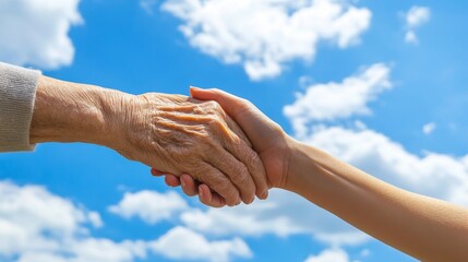 Old and young female hold hands with blue sky backdrop.