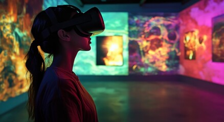 Obraz premium Young Asian woman immersed in virtual reality art experience.