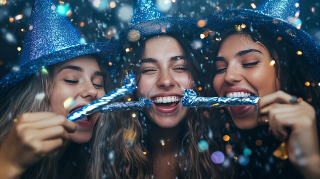 Birthday joy: 3 women in blue hats sound a festive note.