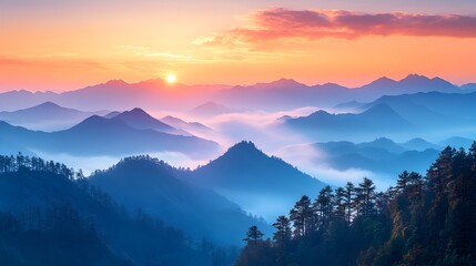 Fototapeta premium Majestic Mountain Range Bathed in Soft Pastel Sunrise Colors at Dawn