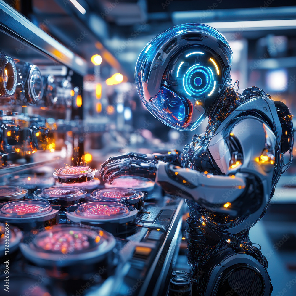 Poster futuristic lab scene featuring ai powered robot working with advanced technology and glowing element