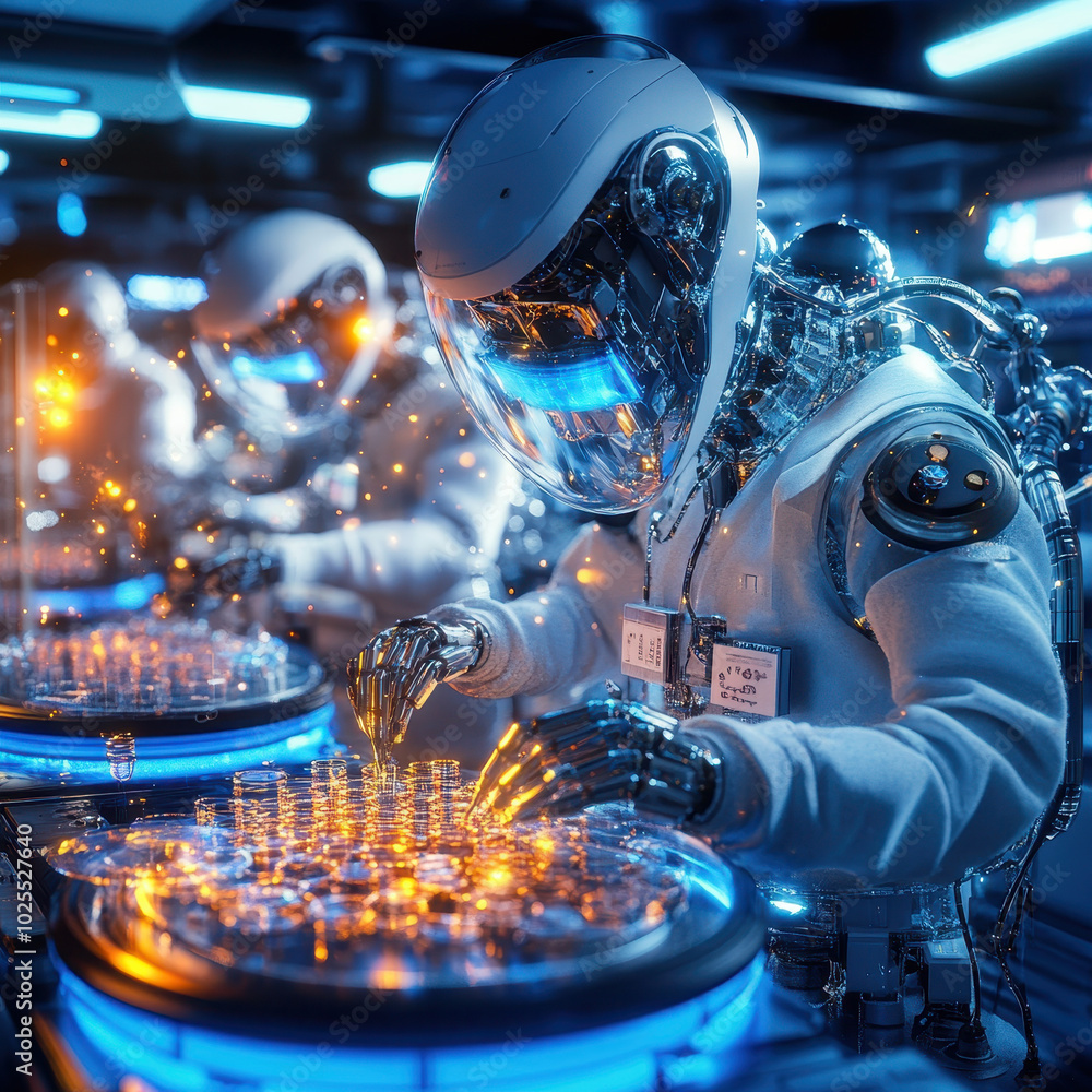 Aufkleber futuristic lab scene with ai powered robots working on advanced technology, showcasing intricate mac