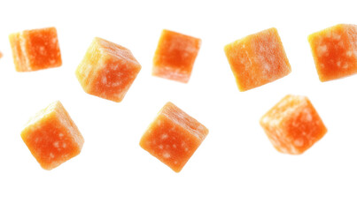 Carrot cube falling on white background
