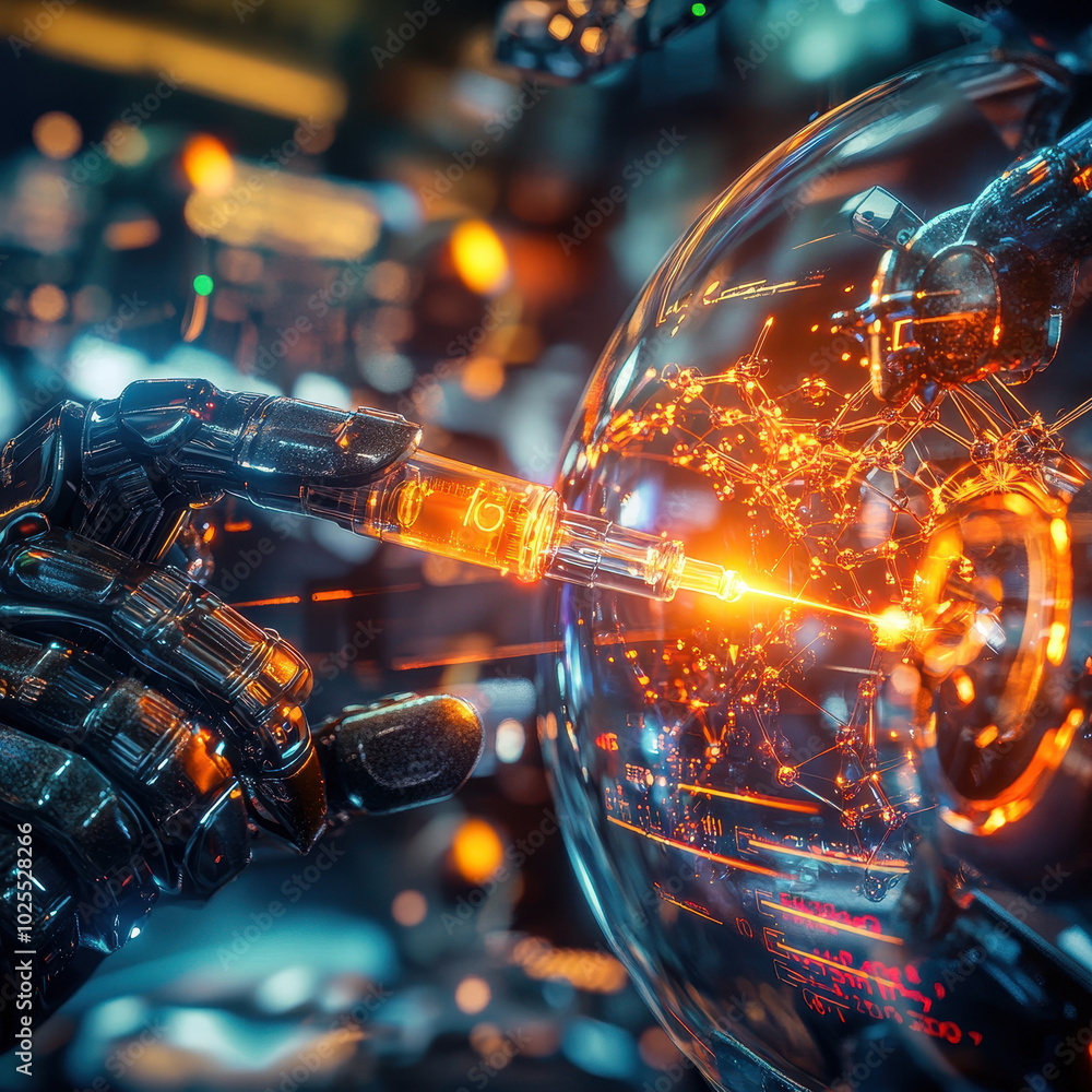 Poster futuristic robotic arm holding syringe injects glowing data into transparent sphere, symbolizing adv