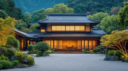 Tranquil Japanese House at Dusk in Serene Garden