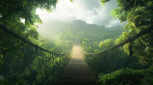 Fototapeta Rope bridge in a lush green jungle