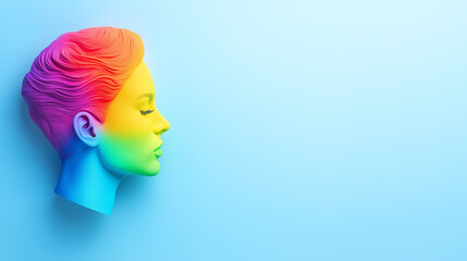A vibrant and colorful head sculpture symbolizes the importance of psychological health awareness, promoting mental wellbeing and emotional support, copy space