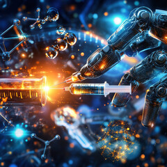 Fototapeta premium Futuristic robotic arm holding syringe, injecting into test tube, showcasing advanced technology and innovation in science. vibrant colors and intricate details evoke sense of wonder and curiosity