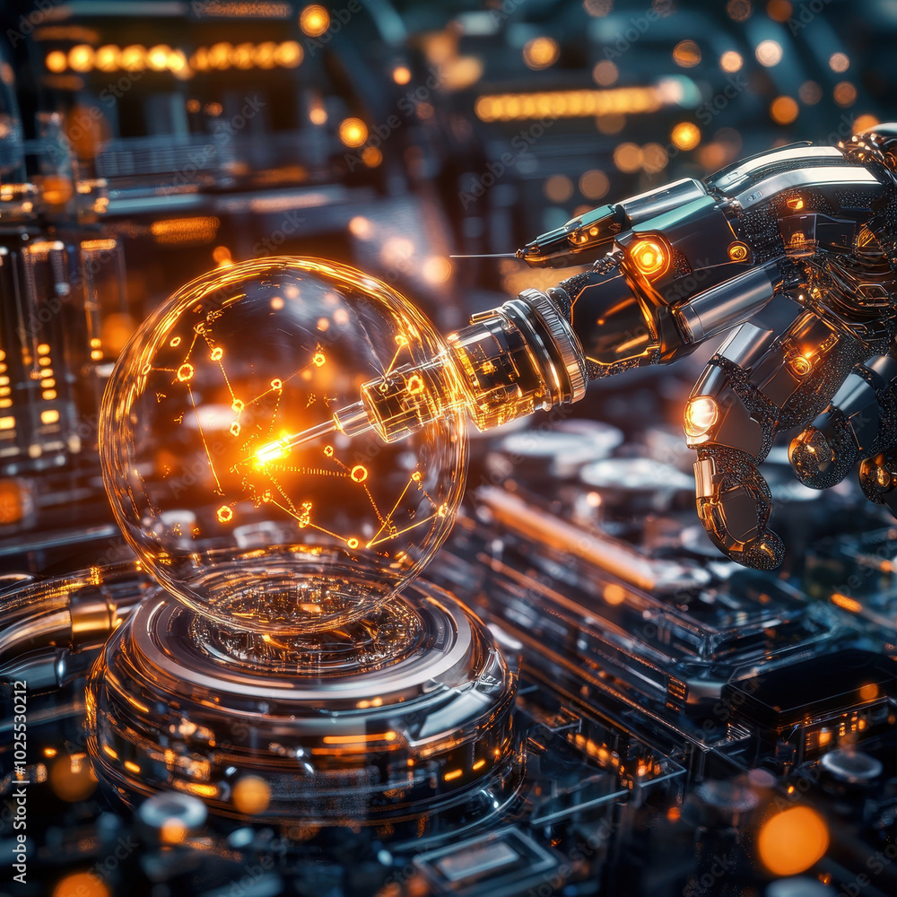 Poster futuristic robotic arm interacts with glowing orb, showcasing advanced technology and intricate circ