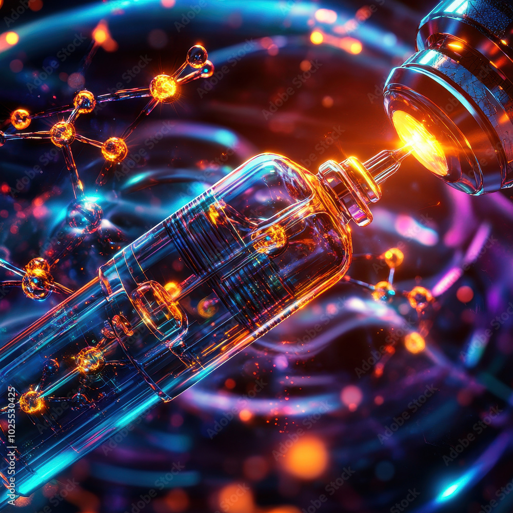 Poster futuristic robotic arm holds glowing syringe, poised to inject vibrant liquid. scene is filled with 