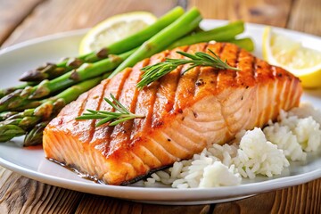 Delicious grilled salmon and asparagus dish with rice