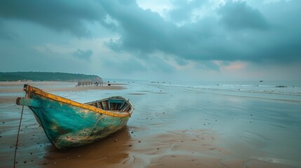 Fototapeta premium A weathered teal and yellow boat sits on a sandy beach under a cloudy sky