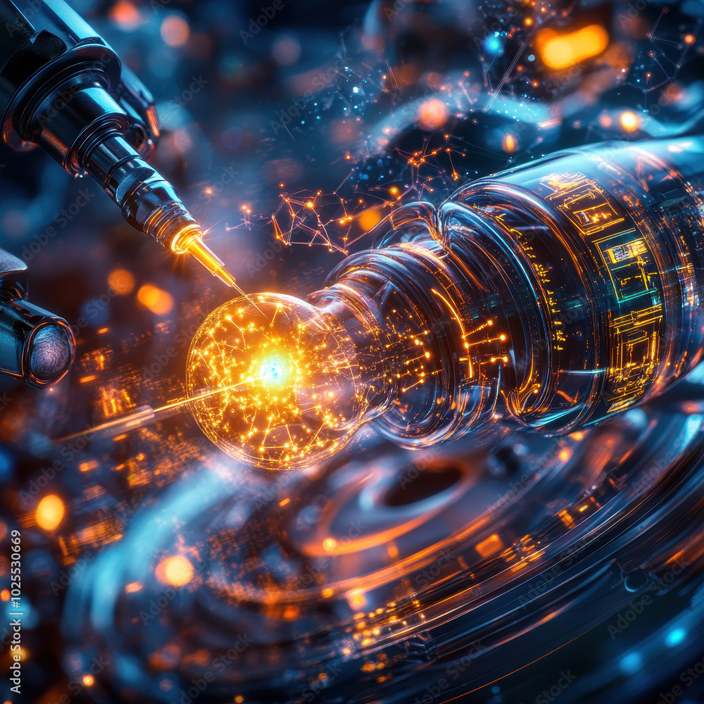Poster futuristic robotic arm is injecting energy into glowing orb, surrounded by vibrant digital elements 