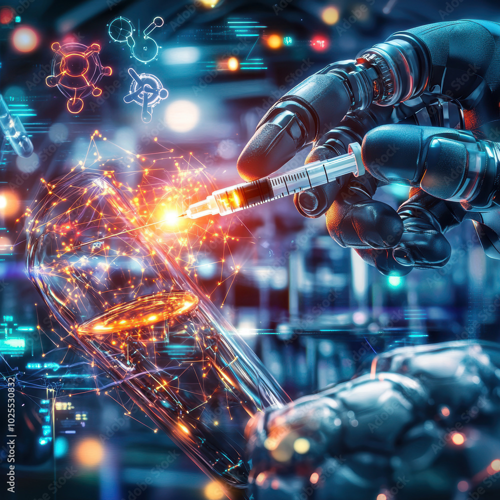 Poster futuristic robotic arm is skillfully holding syringe, preparing to inject glowing substance into tra