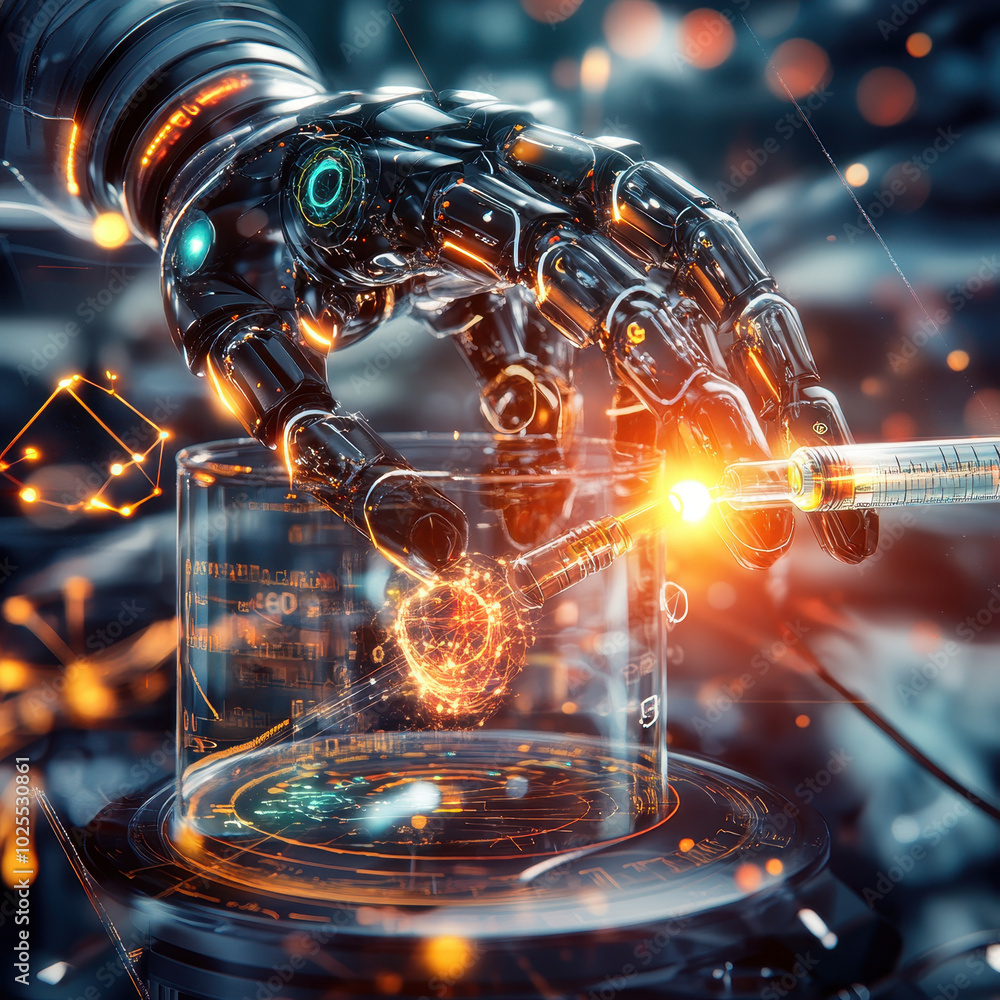 Aufkleber futuristic robotic arm holding syringe injects glowing substance into glass container, showcasing ad