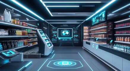 Fototapeta premium Futuristic automated supermarket with neon lighting and digital displays.