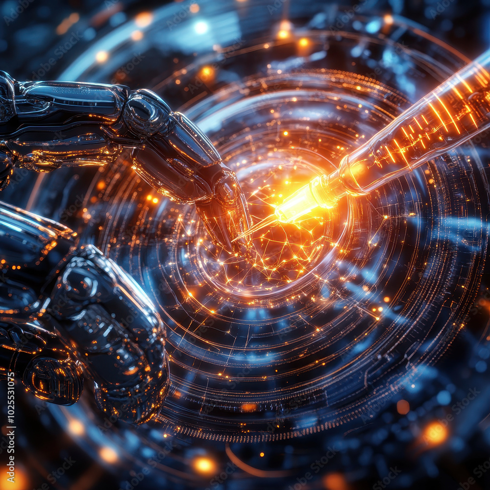 Poster futuristic robotic arms interact with glowing syringe, symbolizing advanced technology and innovatio