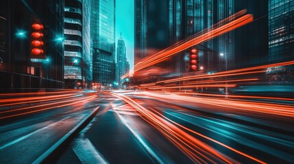 Fototapeta premium Urban Night Traffic with Light Trails and Buildings