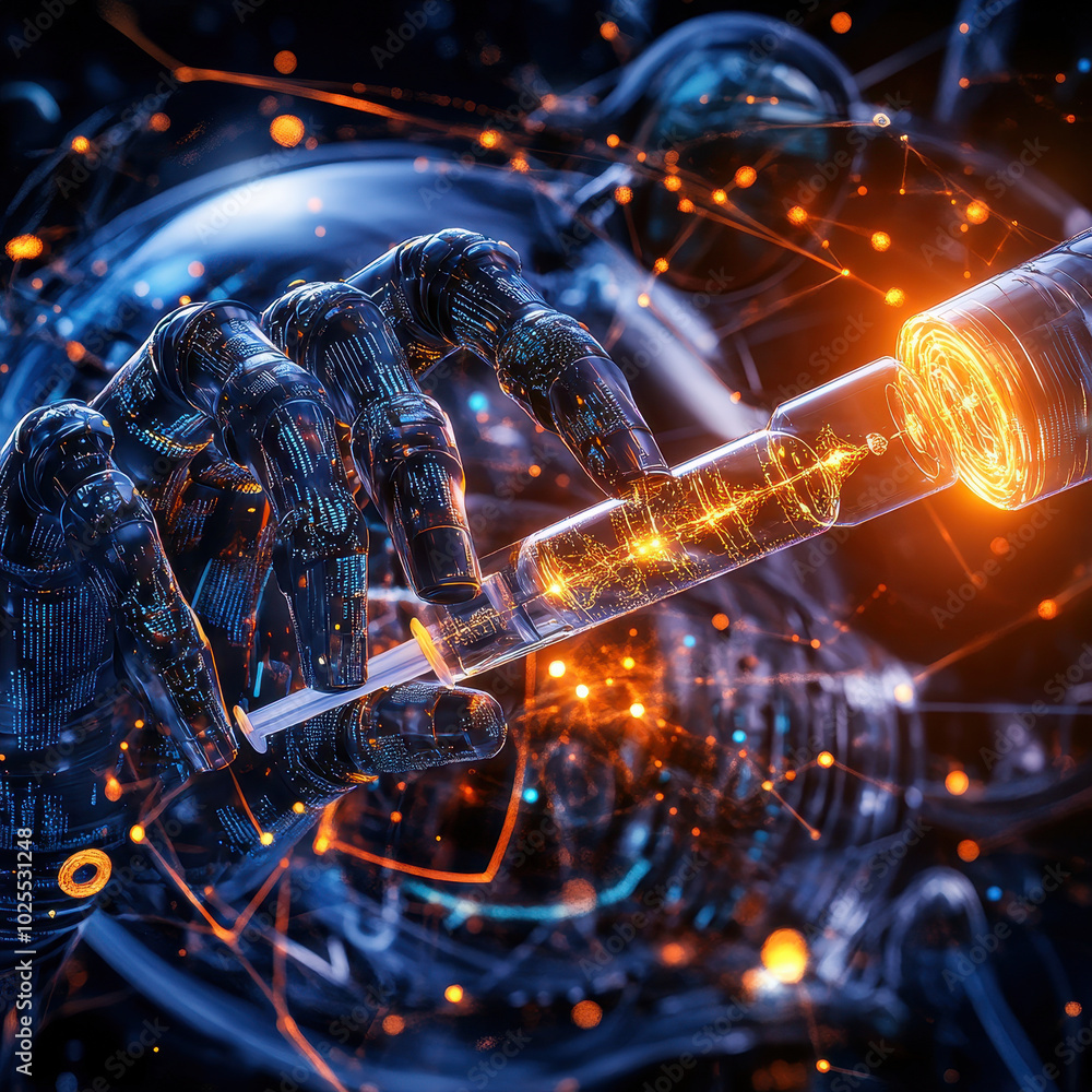 Poster futuristic robotic arm holding syringe, showcasing advanced technology and intricate details. glowin