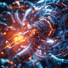 futuristic robotic arm holding syringe injects glowing liquid, showcasing advanced technology and intricate machinery. vibrant colors and dynamic motion evoke sense of innovation and precision