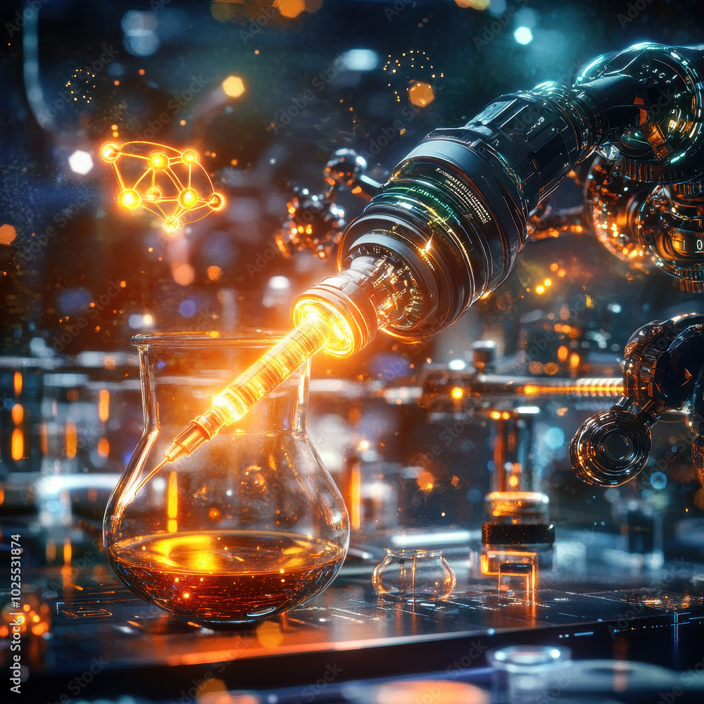 Poster futuristic robotic arm is injecting glowing substance into laboratory flask, showcasing advanced tec