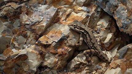 Fototapeta premium Brown Lizard Camouflaged Among Rough, Cracked Rocks
