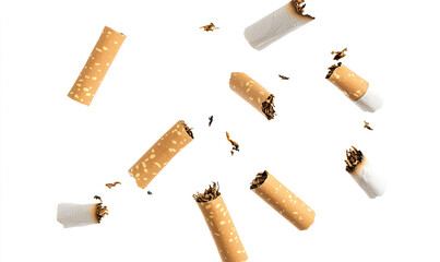  Cigarette stubs falling in the air on transparent background