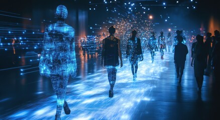 Fototapeta premium Futuristic digital avatars walking along a glowing path in a cybernetic setting.
