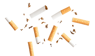  Cigarette stubs falling in the air on transparent background