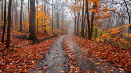 Obraz premium Autumnal Forest Path with Misty Atmosphere
