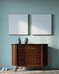 living room interior background with credenza and mockup poster frame. 3d rendering
