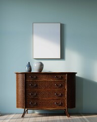living room interior background with credenza and mockup poster frame. 3d rendering
