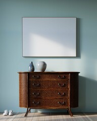 living room interior background with credenza and mockup poster frame. 3d rendering