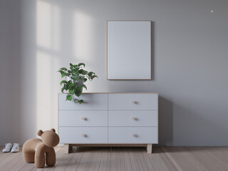 modern bedroom interior background with credenza and mockup poster frame. 3d rendering