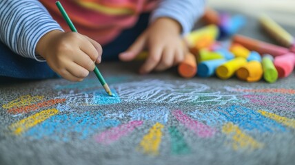 A child draws colorful art on pavement using chalk, expressing creativity and imagination through play.