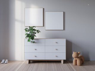 modern bedroom interior background with credenza and mockup poster frame. 3d rendering