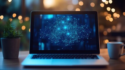 Laptop Displaying Blue Network with Bokeh Lights in Background