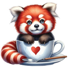 Obraz premium Red panda sitting in a coffee cup clipart watercolor