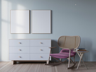 modern bedroom interior background with credenza and mockup poster frame. 3d rendering
