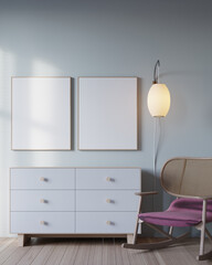 modern bedroom interior background with credenza and mockup poster frame. 3d rendering