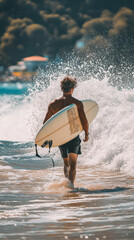Surfer Walking into Ocean Waves with Surfboard