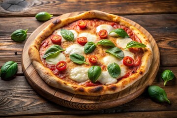 Delicious Margherita pizza with fresh basil leaves and melted mozzarella cheese on a wooden board perfect for a tasty meal