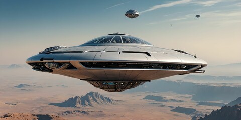 Obraz premium wallpaper representing a manned flying saucer approaching the earth.