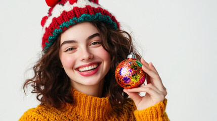 Woman with Festive Hat Holding Colorful Christmas Ornament
