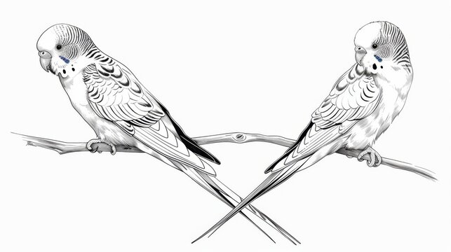 two monochrome parakeets perched on branch clip art preview
