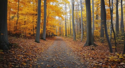 Obraz premium Scenic forest path adorned with vibrant autumn foliage in a serene setting.