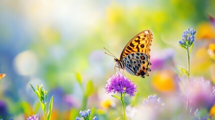 Obraz premium A Colorful Butterfly Perched on a Purple Flower in a Field of Blossoms
