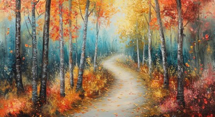 Obraz premium Enchanting autumn forest path with vibrant leaves and serene atmosphere.