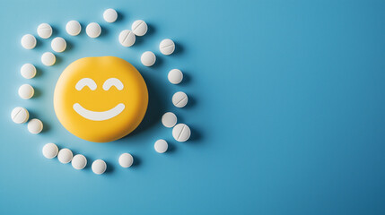 A cheerful yellow smiley face is placed in the center, encircled by white pills, representing the important link between mental health and medication support, copy space